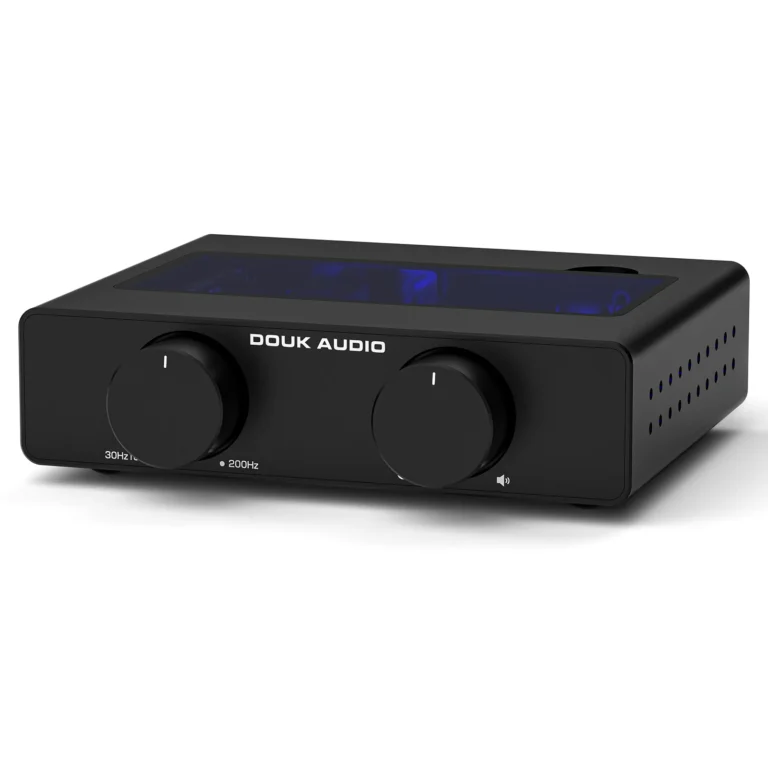 Douk Audio A5 amplifier with glass panel and blue LED accent