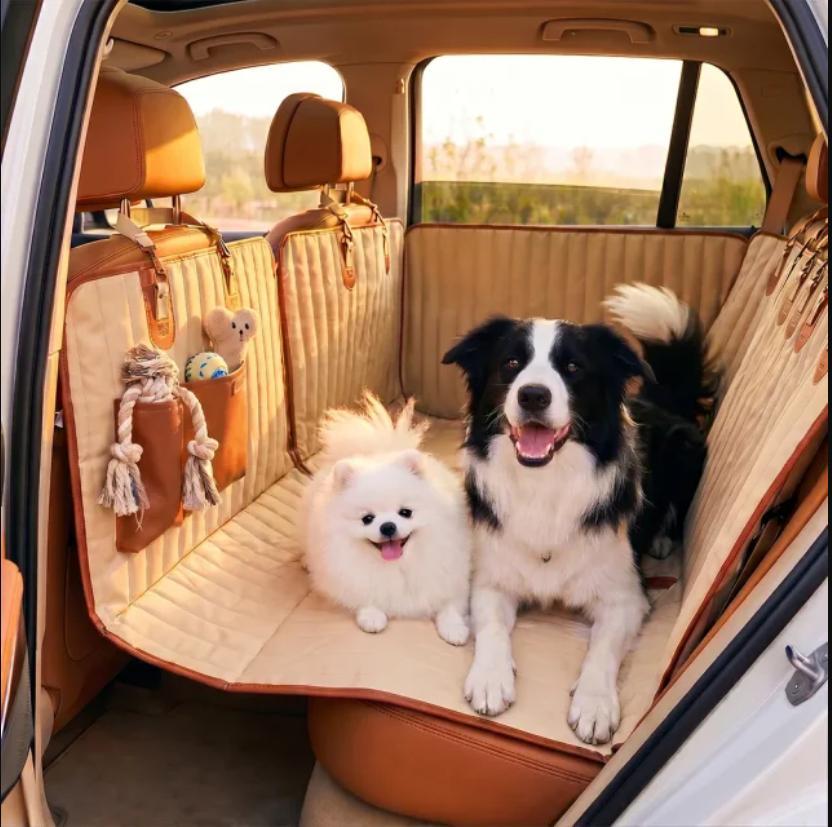 Breathable Travel Buddy Light dog car hammock with two dogs sitting on it