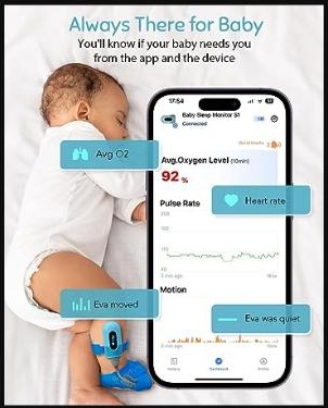 Babytone Baby Sleep Monitor S1 app dashboard showing average oxygen level, heart rate, and motion tracking on a sleeping baby